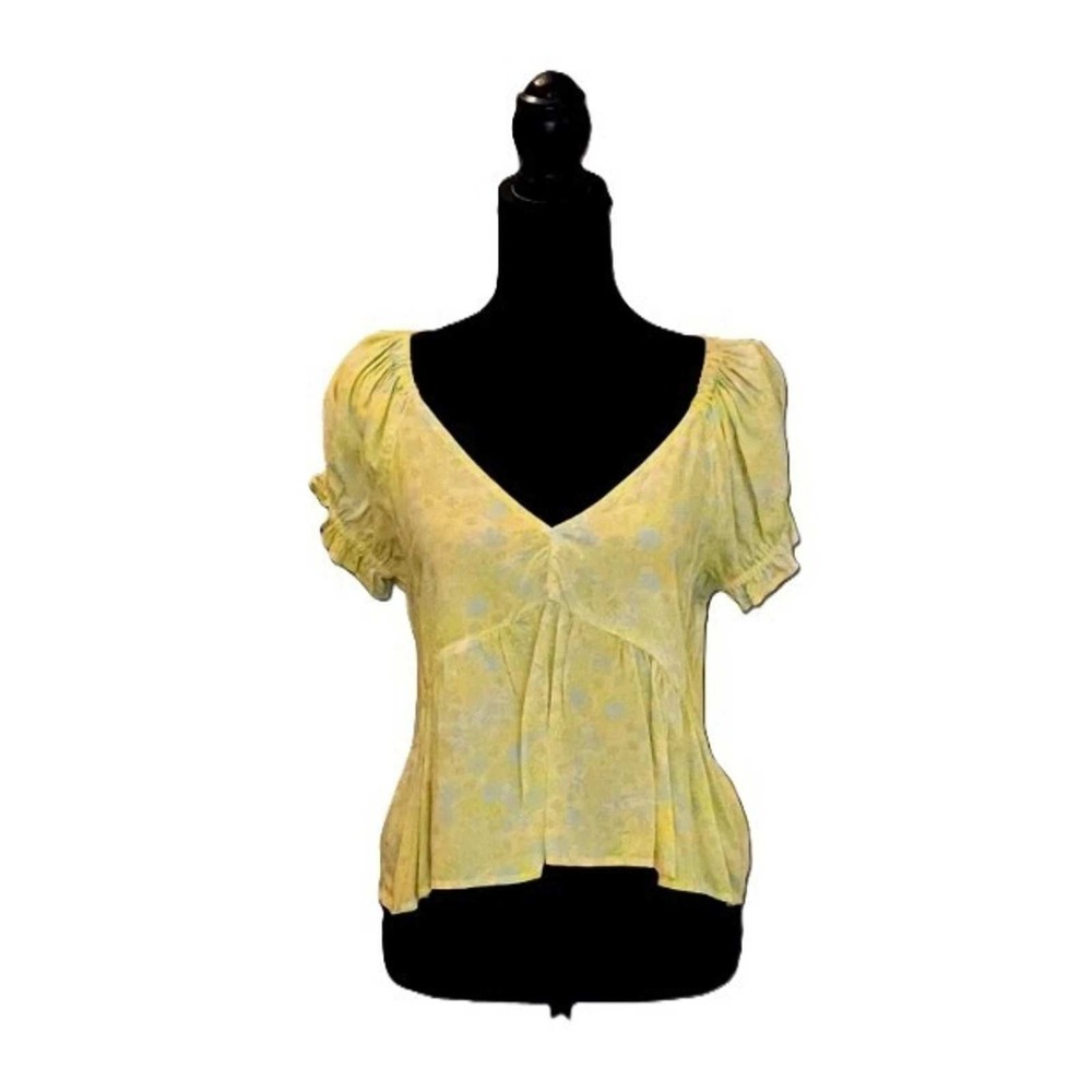 ABOUND Yellow Floral Peplum V-Neck Puff Sleeve Babydoll Blouse Top S